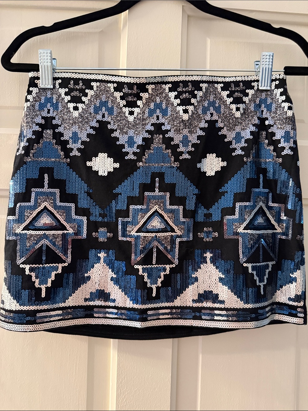Express Geometric Sequin Mini Skirt — Blue, Black & Silver